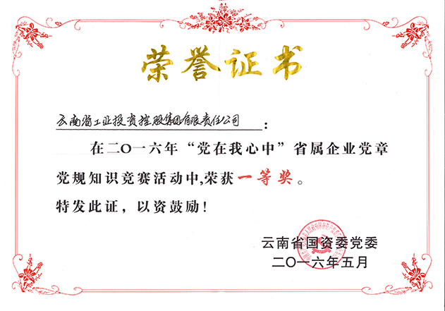 2016年云南省國資委黨委授予工投榮譽(yù)證書(shū)